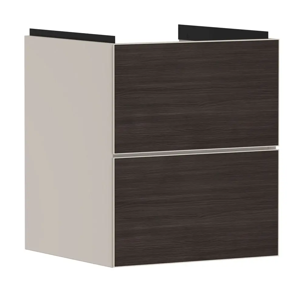 Hansgrohe Waschtischunterschrank in Sandbeige mit zwei Schubkästen. Der Schrank hat eine matte Oberfläche und eignet sich für einen Handwaschbecken.